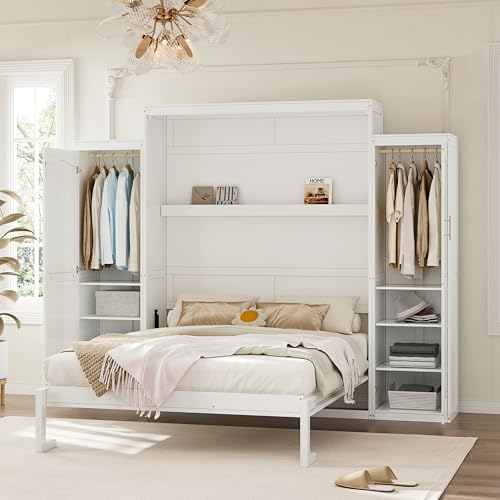 KLMM Wooden Murphy Bed Wall Bed with 2 Wardrobe and Storage Shelf,Foldable Platform Bedframe for Guest-Room Bedroom Study Office Use (White#E, Full)