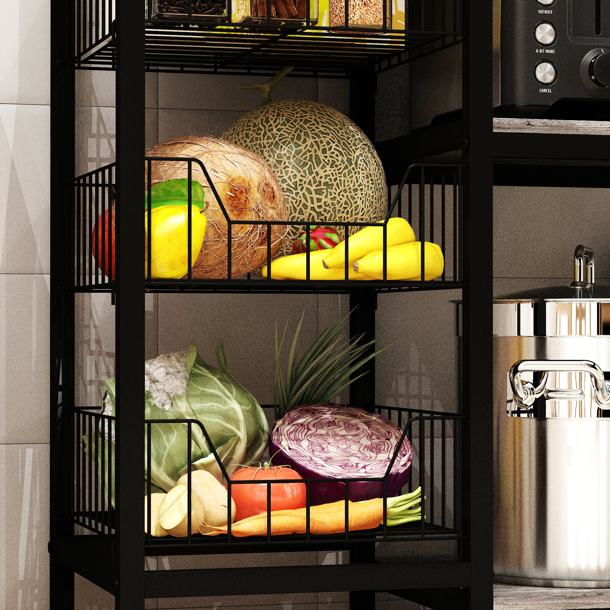 NAIYUFA Kitchen Bakers Rack with Baskets,5-Tier Utility Storage Wood Shelf with Hooks, Microwave Oven Stand Rack,Vintage Grey