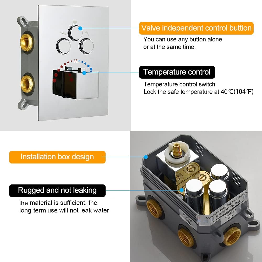 WHSHOWER 3-Function Brass Shower Diverter Thermostatic Valve Pressure Balanced Mixer with Trim in Polished Chrome ,Can Use All Function At a Time