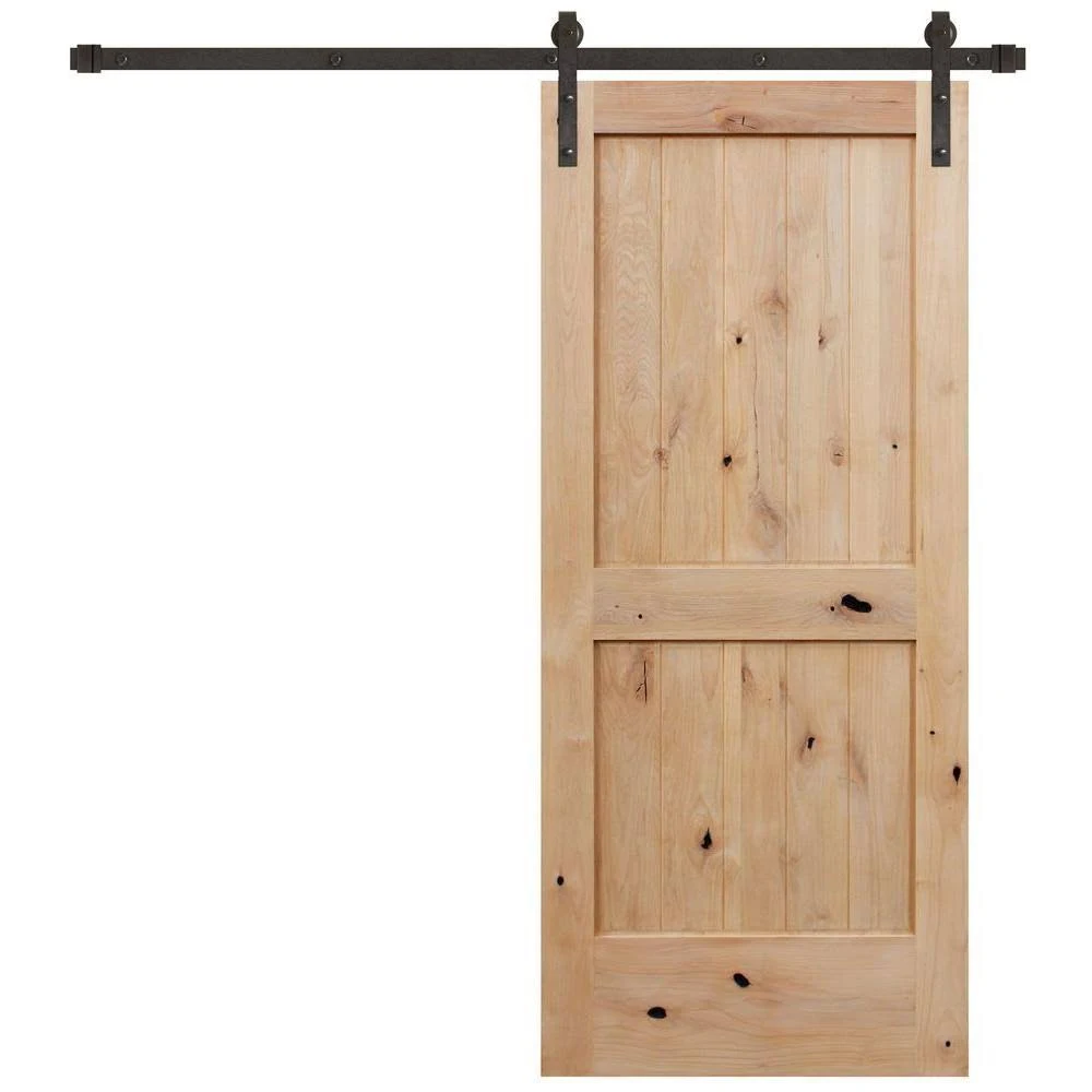 Pacific Entries 36 in. x 84 in. Rustic 2-Panel V-Groove Unfinished Knotty Alder Wood Interior Barn Door with Bronze Hardware, Go