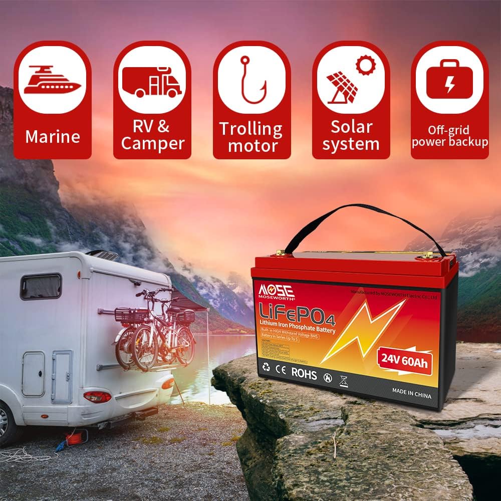 24V Lithium Battery 60Ah Lifepo4 Trolling Motor RV Battery Replacement Built-in BMS Last Longer Replace Your SLA Perfect for Backup Power and Off Grid Applications