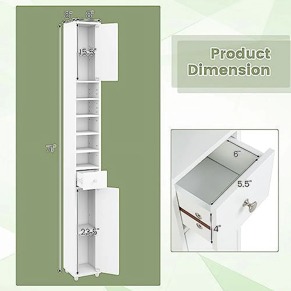 ZFGSUIJN Tall Slim Bathroom  Cabinet  71" Freestanding Bathroom Cabinet w/ 2 Doors  1 Drawer &amp; 5 Adjustable Shelves  Floor Narrow Tower Cabinet for Small Spaces  8" x 8" x - Curated Treasures Market