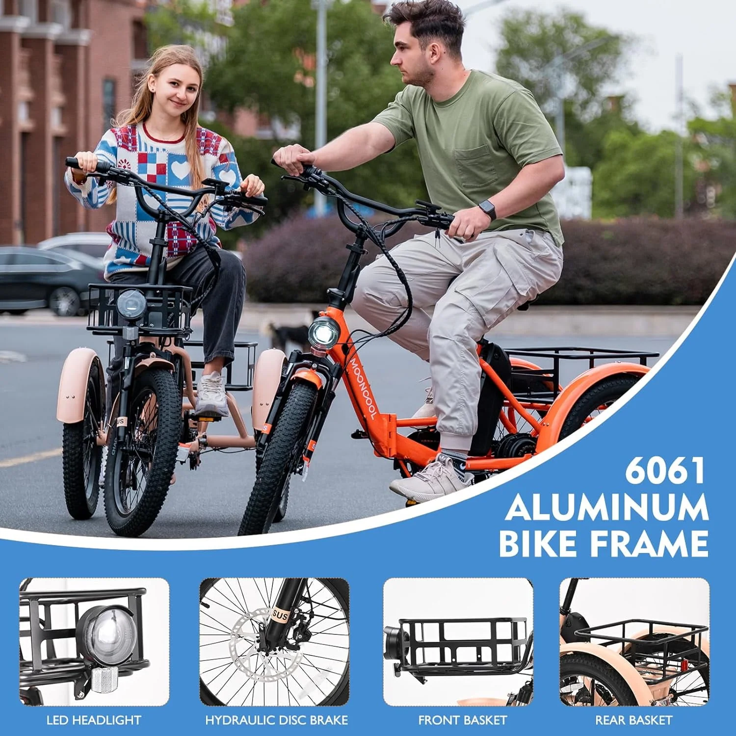 MOONCOOL 24/26 Electric Tricycle for Adults, 350W 36V 7 Speeds Electric Trike Motorized Three Wheel Electric Bikes Bicycle with Large Basket for Women Men