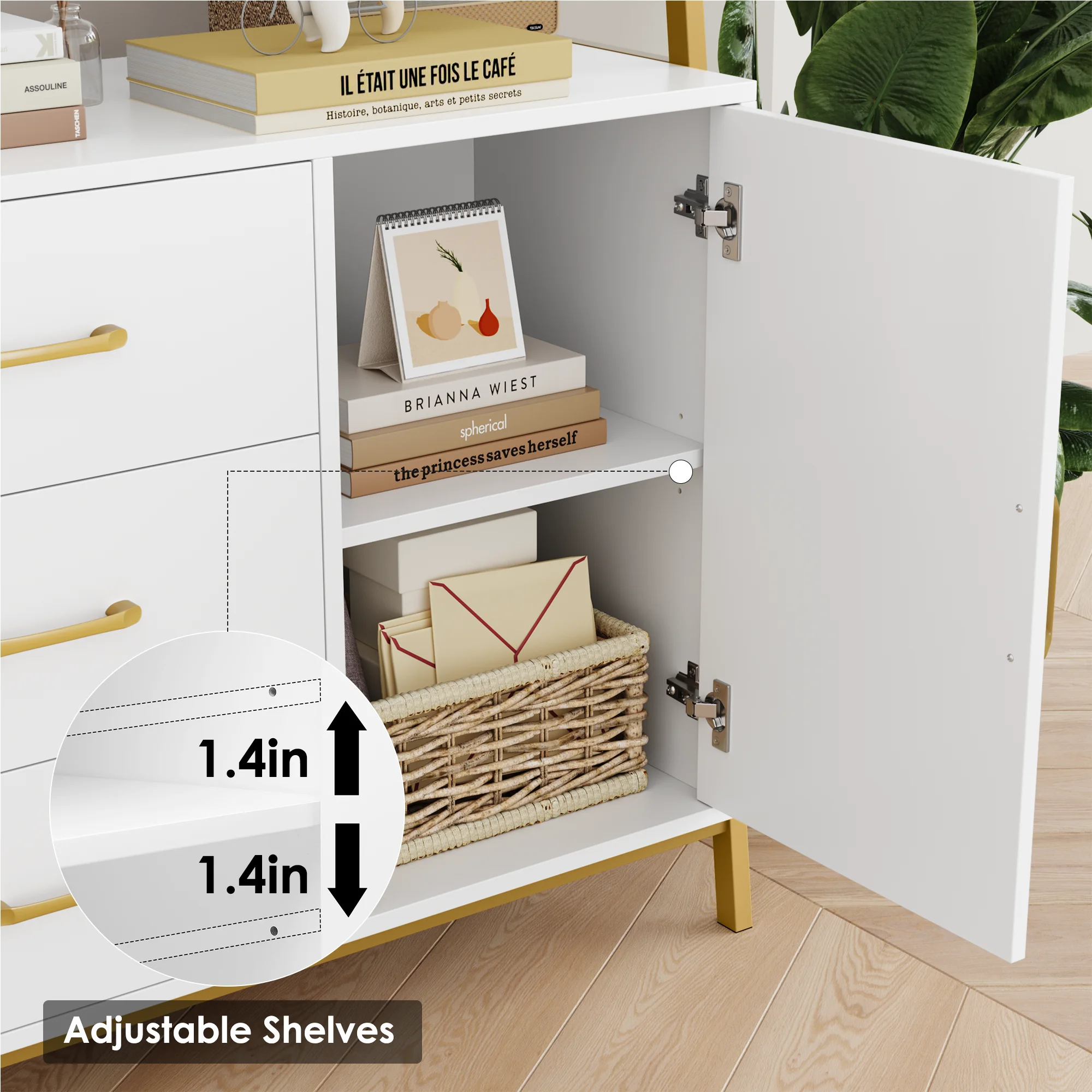 Homfa 3 Tier Display Storage Shelves with 3 Drawers, Gold Metal Frame Bookshelf for Living room, White Finish