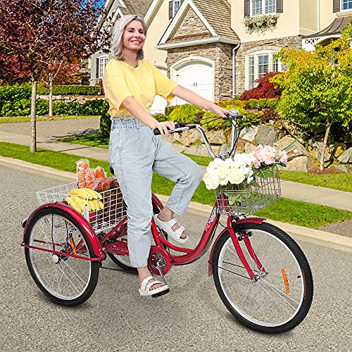 PEXMOR Adult Tricycle 7 Speed, 24/26 Inch 3 Wheel Bikes Tricycle for Adults, Adult Trike for Women/Men/Seniors, Three Wheel Cruiser Bike w/Folding Front & Rear Basket for Shopping/Recreation/Picnic