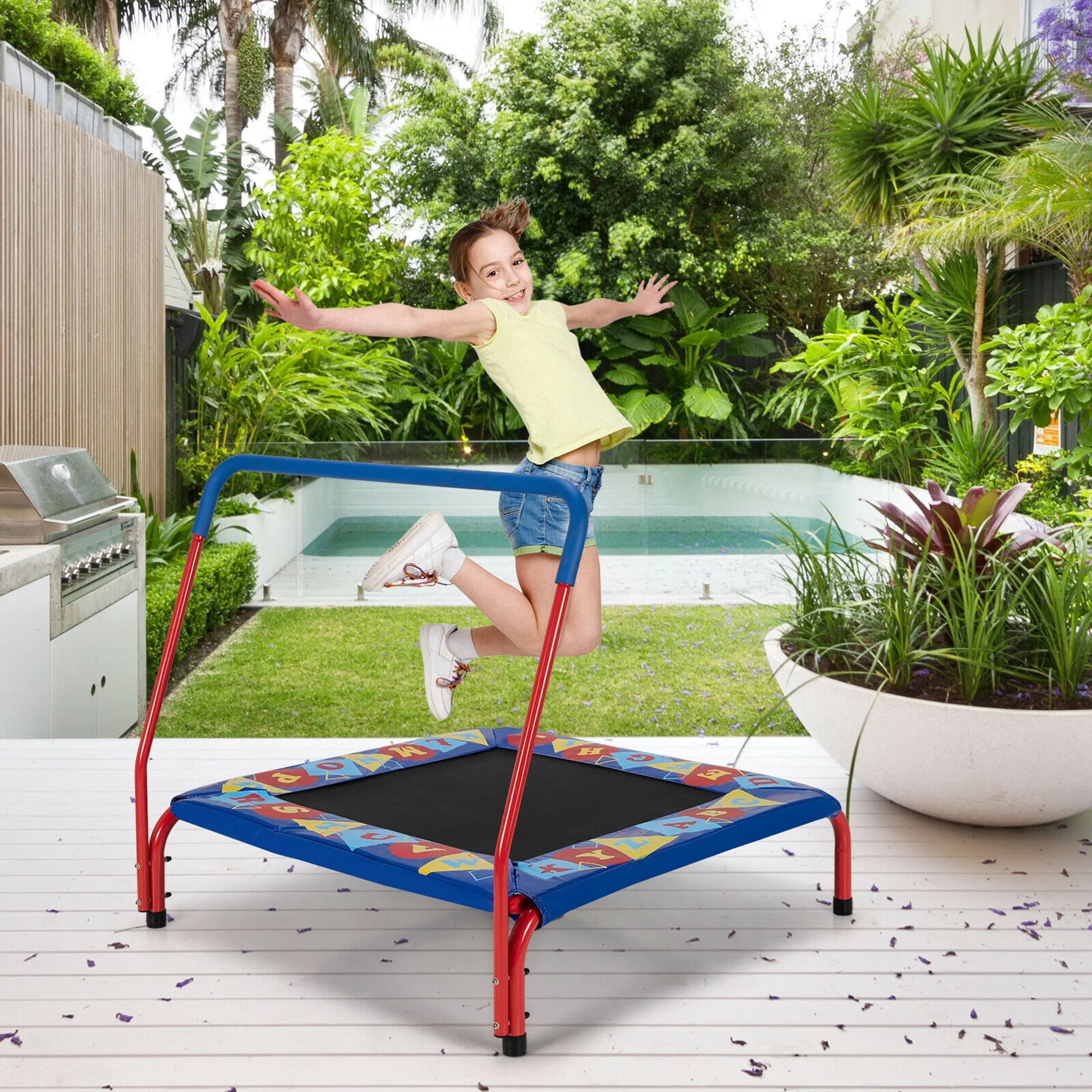 Gymax 36'' Kids Square Trampoline Indoor Outdoor Rebounder W/Foam Handrail Alphabet Pad
