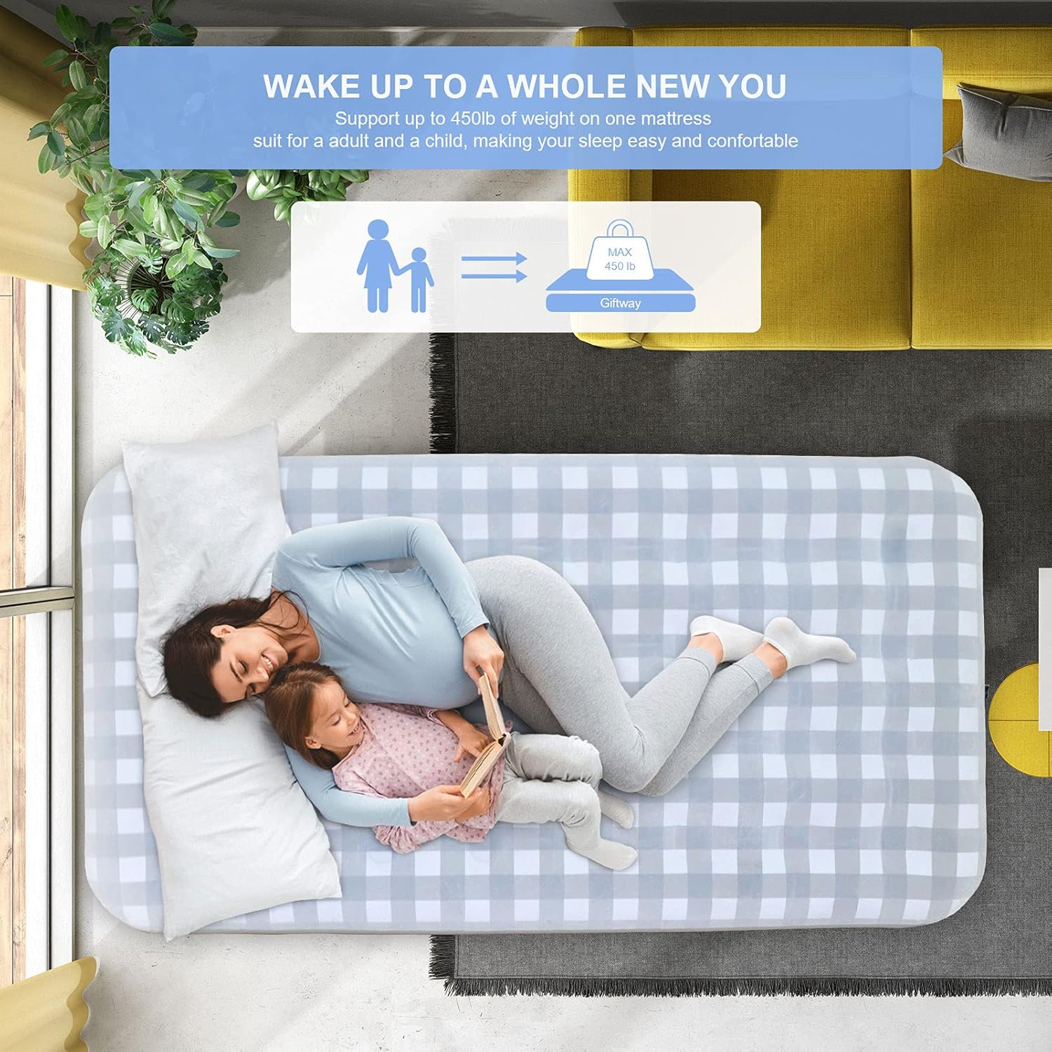 Giftway Queen Air Mattress Air Bed - Upgraded Inflatable Air Mattresses with Flocked Top Waterproof Cover Repair Kit -Foldable Blow Up Bed for Camping/Home/Guest/Travel - Housewarming Gifts for Family