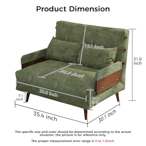 3-in-1 Convertible Chair Bed Sleeper for Adults, Linen Convertable Sleeper Chair with Wooden Arms & Pillows, Foldable Single Futon Sofa Bed (Mid Century with Walnut Arm, 36.6" Wide)