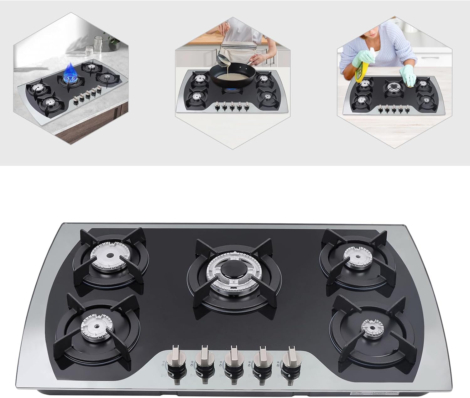 5 Burners 35.4", Built-In Gas Cooker, Stove Top Gas Cooktop Tempered Glass Stovetop Cooker for for Kitchen, Home, Apartments, RVs, Easy To Clean