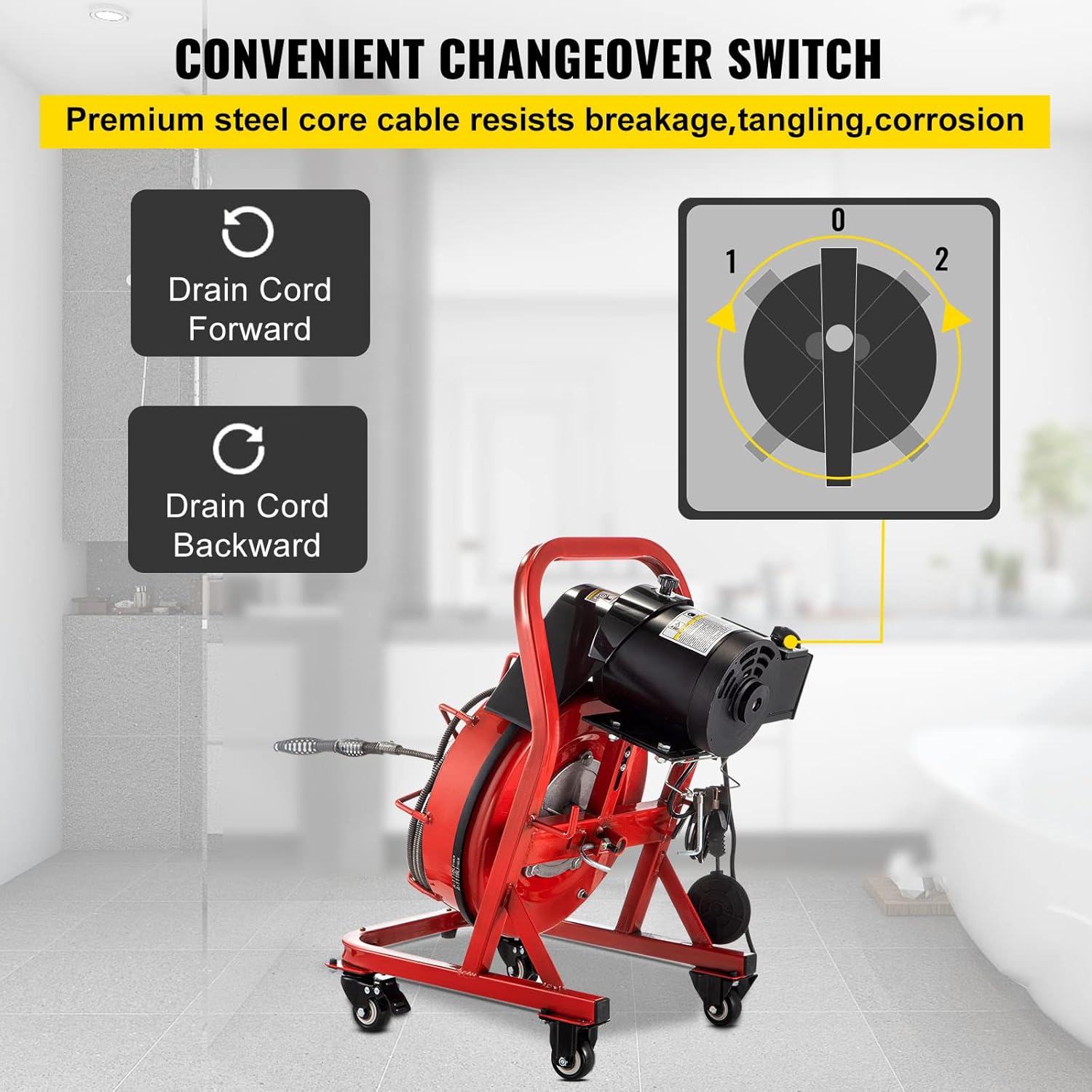 VEVOR 75FT x 3/8 Inch Drain Cleaning Machine, 250W Electric Drain Auger on Wheels, Portable Sewer Snake Auger Cleaner with Cutters & Air-Activated Foot Switch for 2" to 4" Pipes, Black, Red