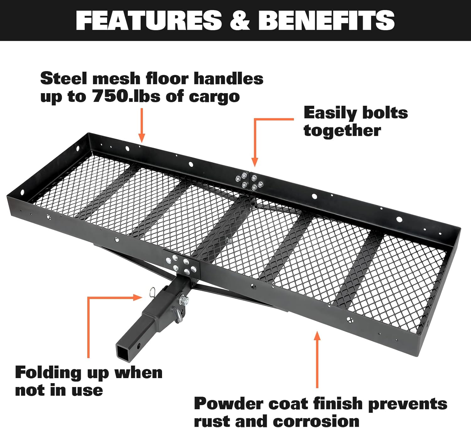 Weize Hitch Cargo Carrier, 60 x 19.5 x 2.95 Inch, 750 lbs Capacity, 2-Inch Folding Shank, with Ratchet Strapes, Black Steels