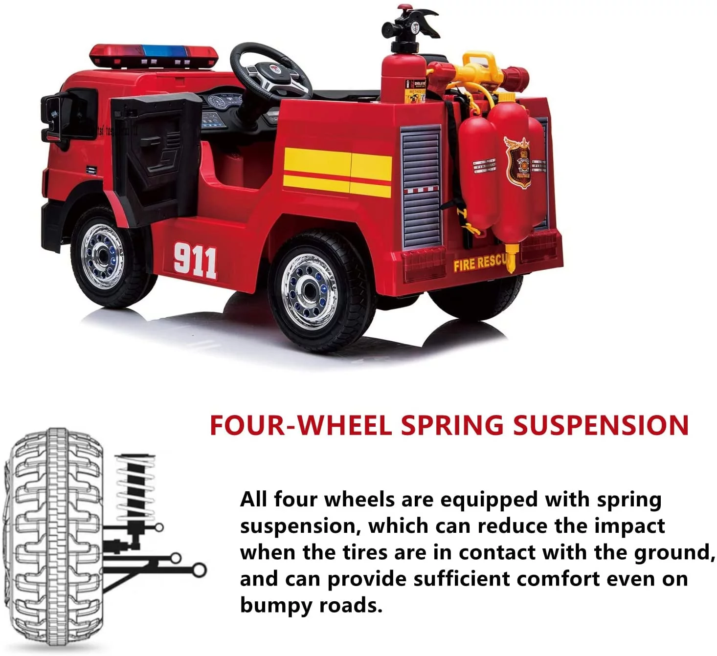 LAZY BUDDY Kids 12V Ride On Fire Truck Battery Powered Ride-Ons Toy Car with Remote Control, Siren for Boys Girls 3-6 Years