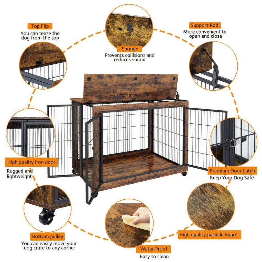 Schnappi Furniture Style Dog Crate Side Table on Wheels with Double Doors and Lift Top.（Rustic Brown,43.7’’w x 30’’d x 31.1’’h）