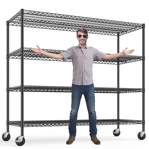 REIBII 75.6" H Storage Shelves Wire Shelving Unit with Wheels 2500LBS Garage Shelving Heavy Duty Metal Shelves for Storage Rack Adjustable Pantry Shelf Commercial Shelving, 75.6" H X 55.5''W X 24" D