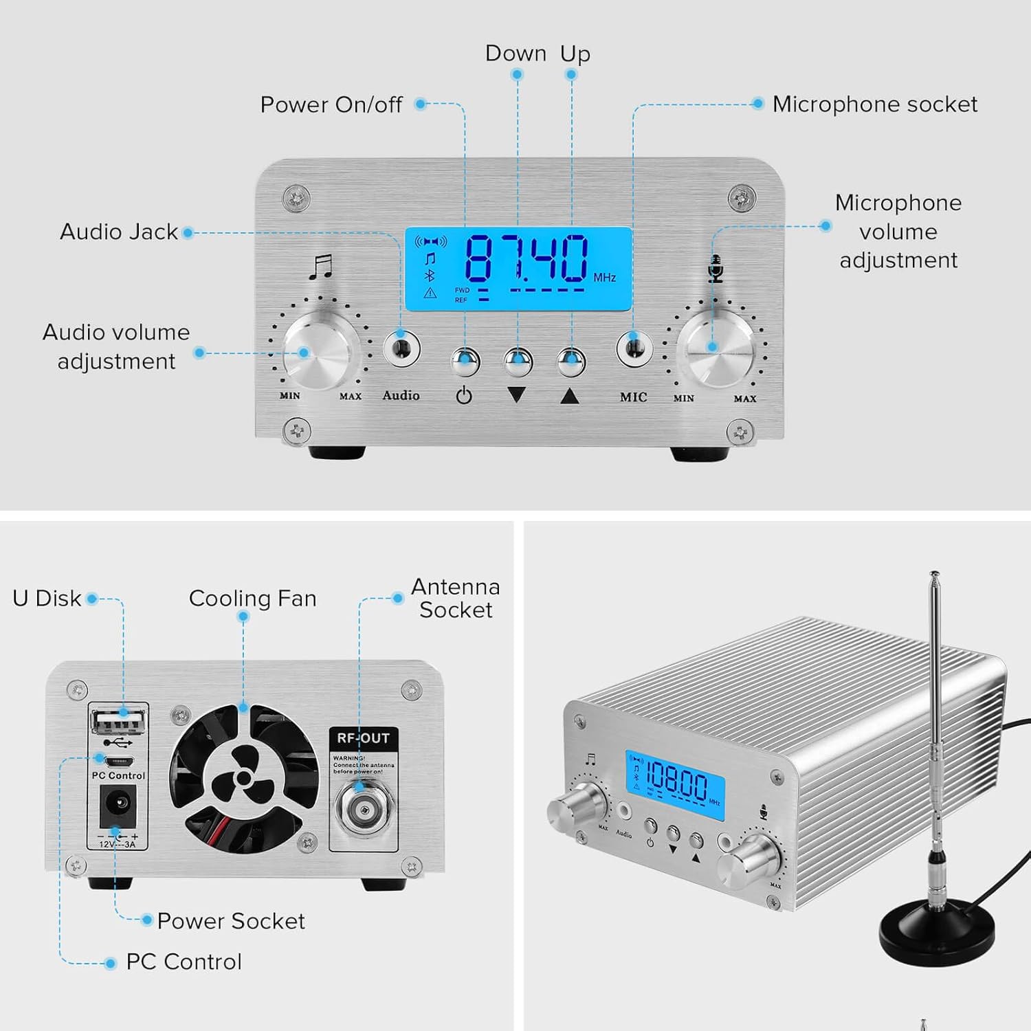 FM Transmitter for Church, APROTII 15W FM Broadcast Transmitter Long Range 1000m, Bluetooth MP3 Broadcast Radio Station 87~108MHz, FM Transmitter for Parking Lot Service, Outdoor Drive-in Movie