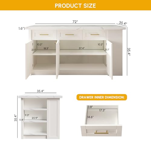 homary 72'' Kitchen Islands with Storage Modern White Kitchen Table with Seating & 3 Drawers Dining Table