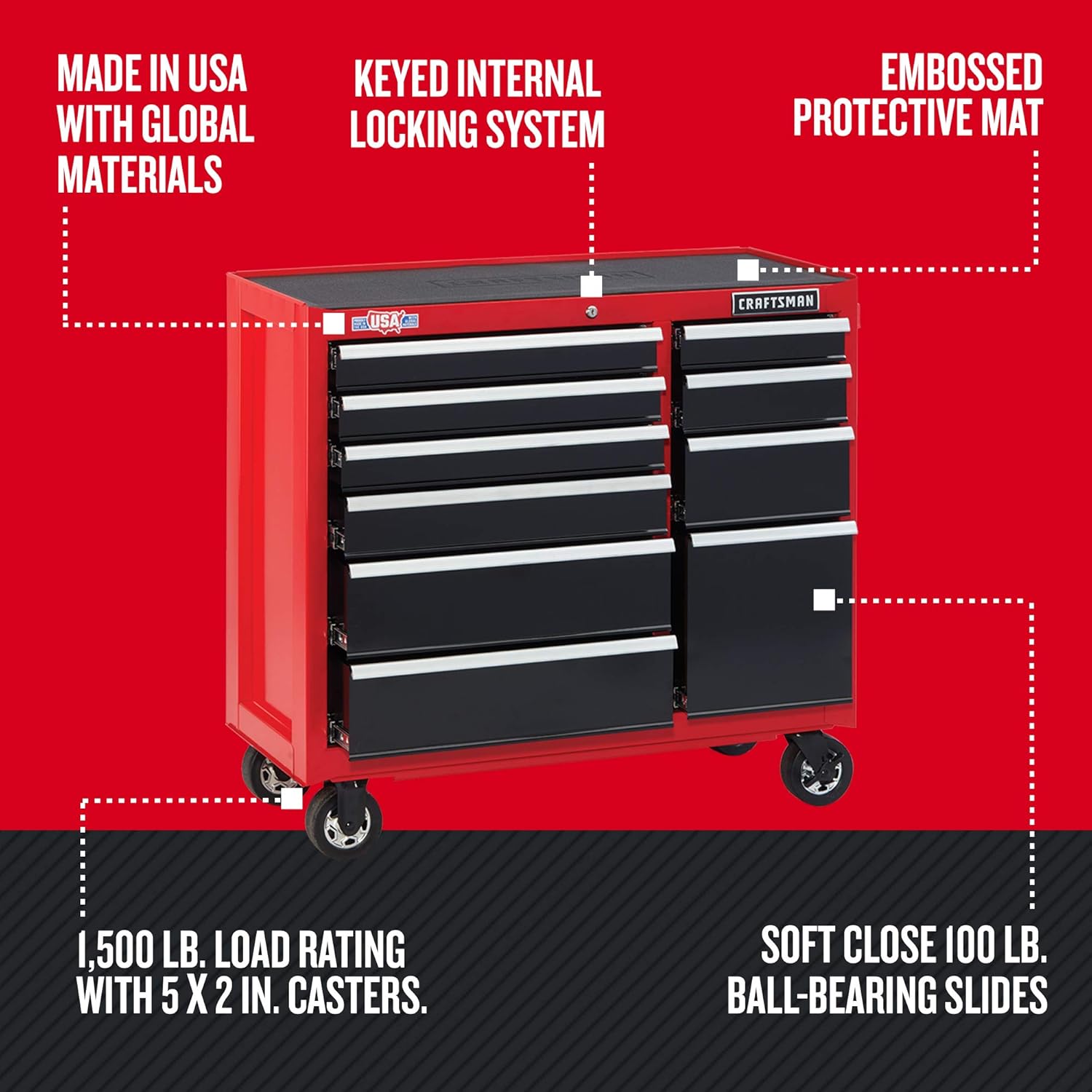 CRAFTSMAN Tool Cabinet with Drawer Liner Roll & Magnetic Towel Holder, 41-Inch, Rolling, 10 Drawer, Red (CMST82772RB)