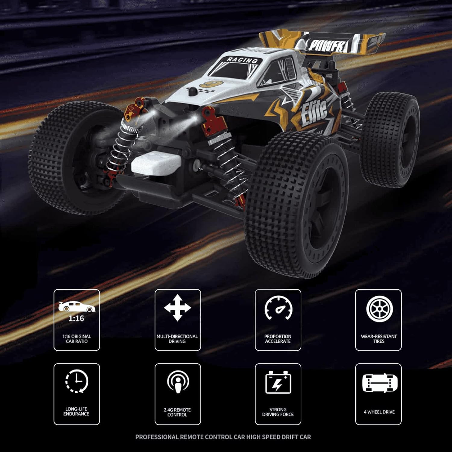 RC Truck All Terrain RC Car 1:16 Scale High Speed 45 KPH 4WD Offroad Waterproof for Adults, Boys and Girls, Included 2 Battery for 40+Min Play, Yellow