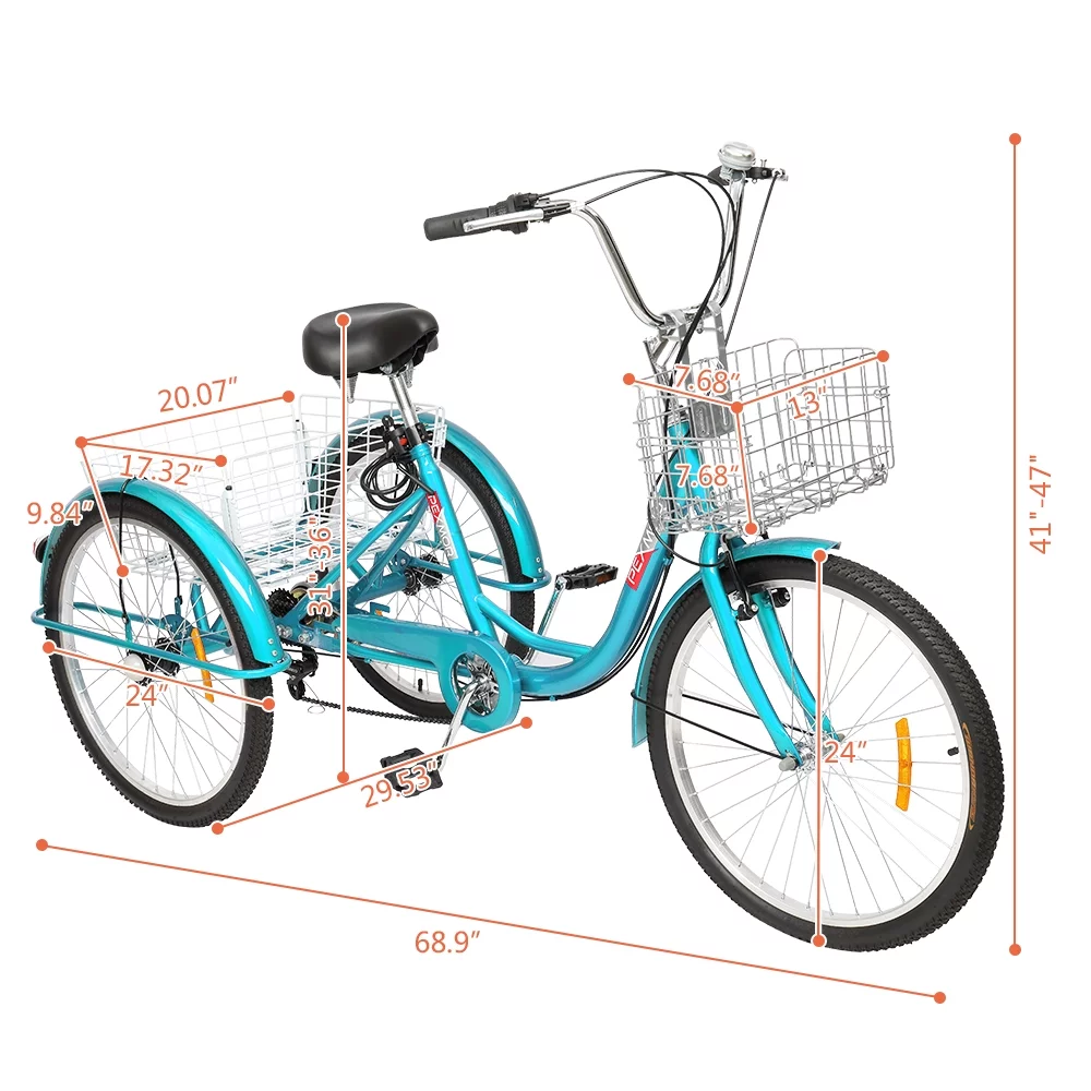 PEXMOR Adult Trike 7 Speed, 24/26 Inch Tricycle for Adult Three-Wheeled Cruiser Bike w/ Folding Front & Rear Basket Adjustable Height Seat for Recreation, Shopping Men's Women's Bike