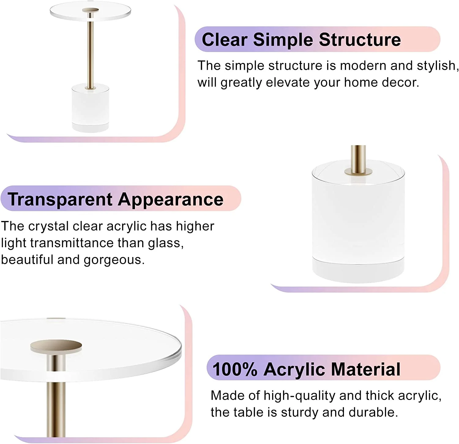 Superjoe Clear Acrylic Side Table, 13.8 x13.8 x 21.7 inches, Lucite Round Acrylic End Table with Gold Post, Accent Drink Martini Table for Living Room Bedroom Small Spaces, Easy Assembly