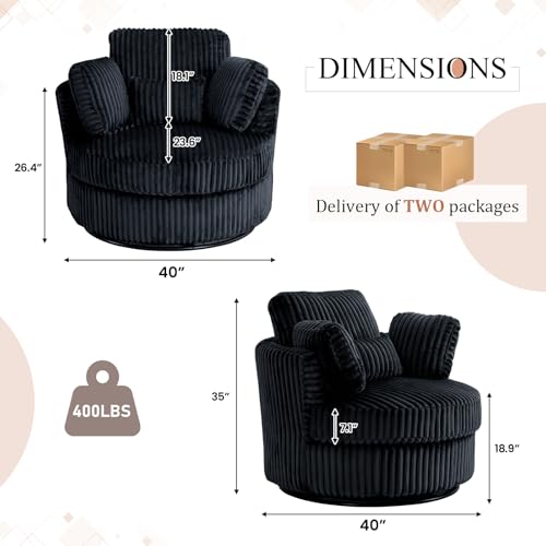 Chair and A Half with Ottoman, 360° Swivel Accent Barrel Chair Modern Comfy Round Reading Sofa Swivel Chairs Circle Lounge Chair for Bedroom Living Room w/4 Pillow Lower Seating Heigh (White, Large)