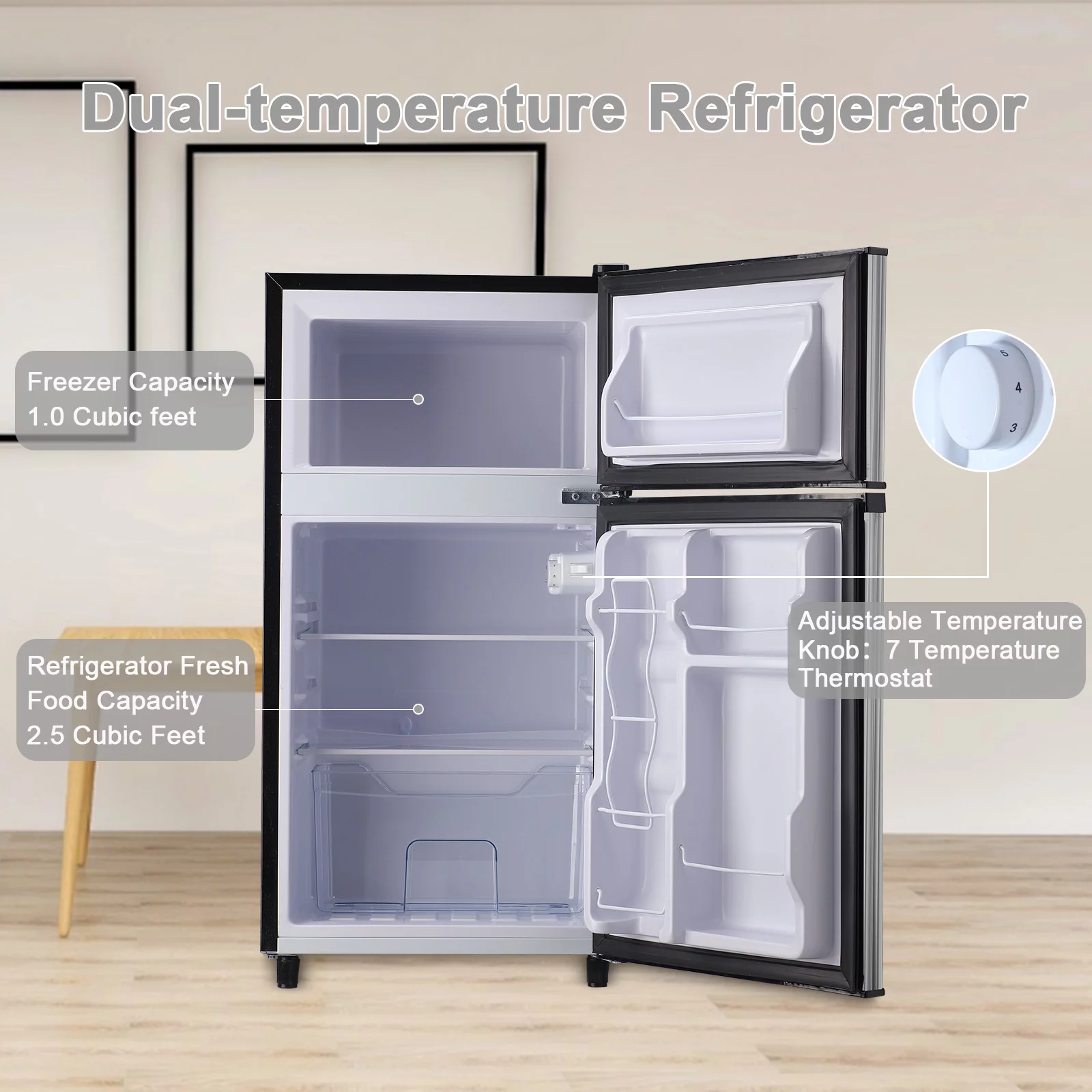 Compact Refrigerator Mini Fridge with Freezer, 3.2 Cubic Feet Retro Dual Door Small Refrigerator by WANAI with 7 Temp Modes, LED Lights, Removable Shelves, Ideal for Bedroom, Dorm, Office, Apartment