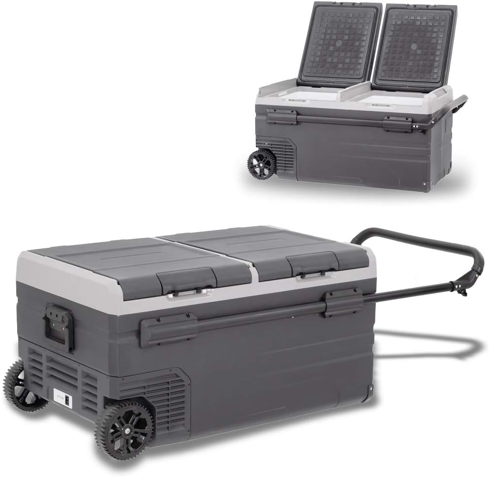 Portable Cooler Freezer/Refrigerator Cooler AC/DC Compressor Electric Cooler Trolley Wheels for Truck RV Boat Party Travel Picnic Outdoor Camping
