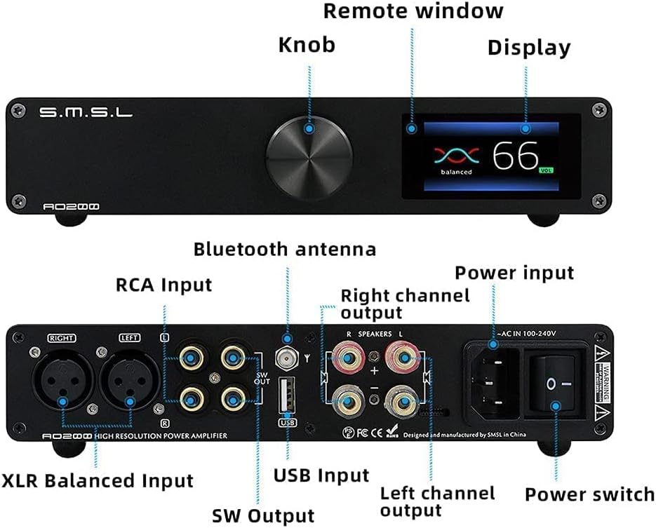 SMSL AO200 Digital Power Amplifier Bluetooth 5.0 MA12070×2 Chip 150W×150W USB/BT/XLR/RCA Input 2 Channel HiFi Desktop Amp with Remote Control for Subwoofer/Passive Speaker