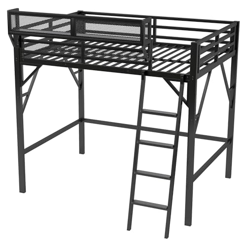 Full Size Loft Bed with Stairs and Storage, Metal Loft Bed Frame with Bedside Shelf and Large Under-Bed Space, Heavy-Duty Bed for Adults Teens and Kids, Black