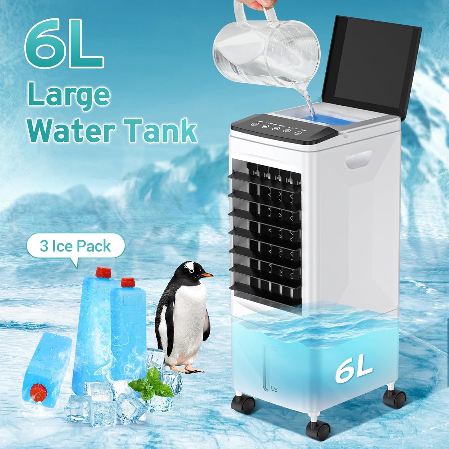 Portable Air Conditioners, 3 IN 1 Air Conditioner Portable Swamp Cooler with 3 Ice Box, Quiet Evaporative Air Cooler Windowless, 3 Speeds, Timer, 6L Water Tank, Portable AC for Room Office