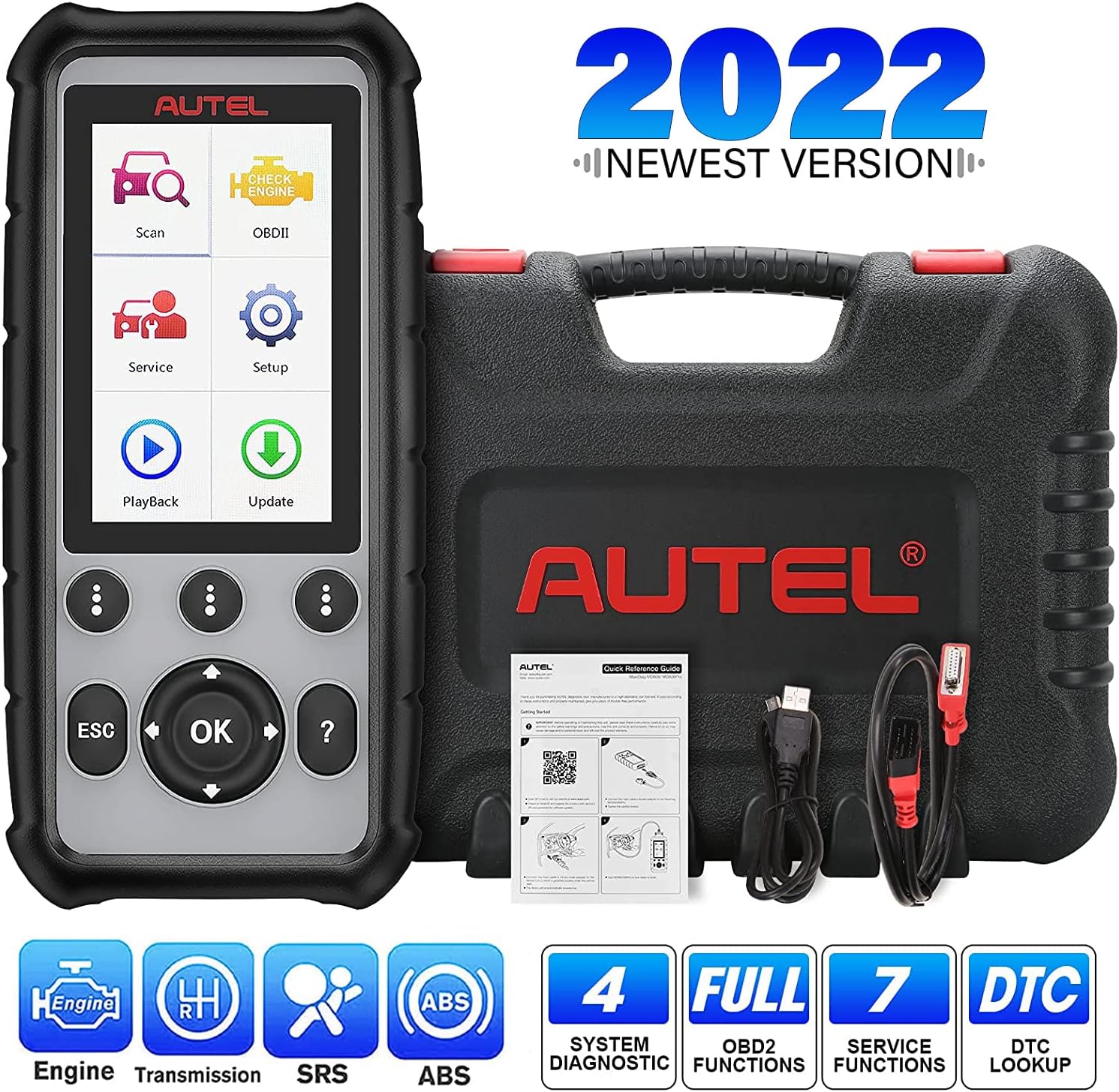 Autel 4 System Scanner MD806 Car Diagnostic Tool Diagnoses for ABS, Engine, Transmission, SRS Full OBD2 Functions Car Scanner for Both Mechanics and DIYers