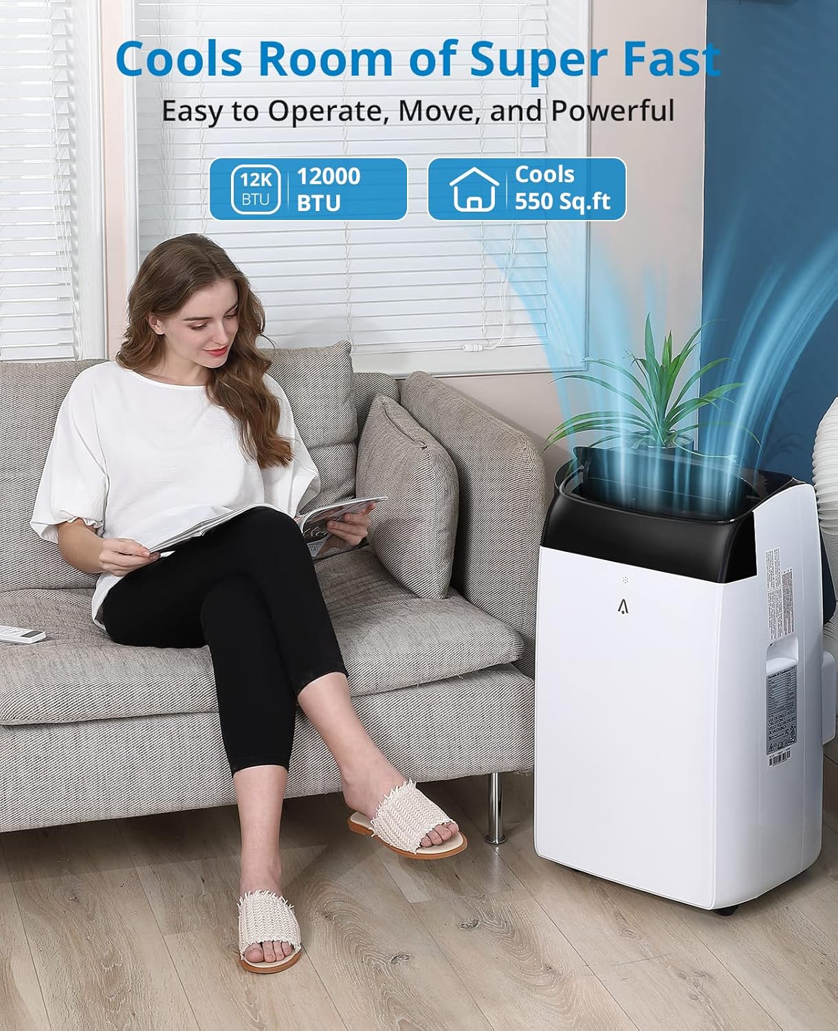 12000 BTU Portable Air Conditioner, Portable AC with Remote Control for Room up to 550 Sq. Ft, Floor Room AC Unit with Cool, Dehumidifier, Fan Mode, Black Top Cover