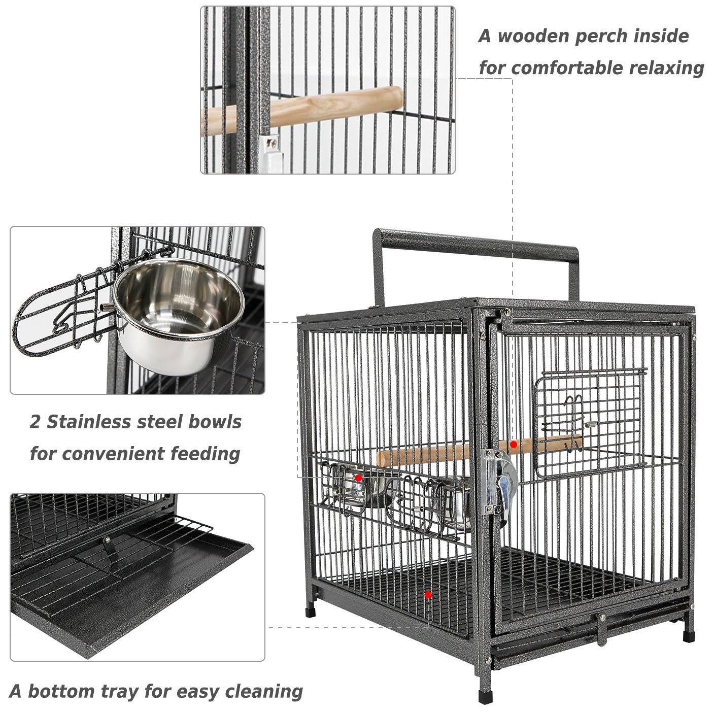 PawHut 22x22 Heavy Duty Wrought Iron Travel Bird Cage Carrier with Handle Perch and Accessories - Black