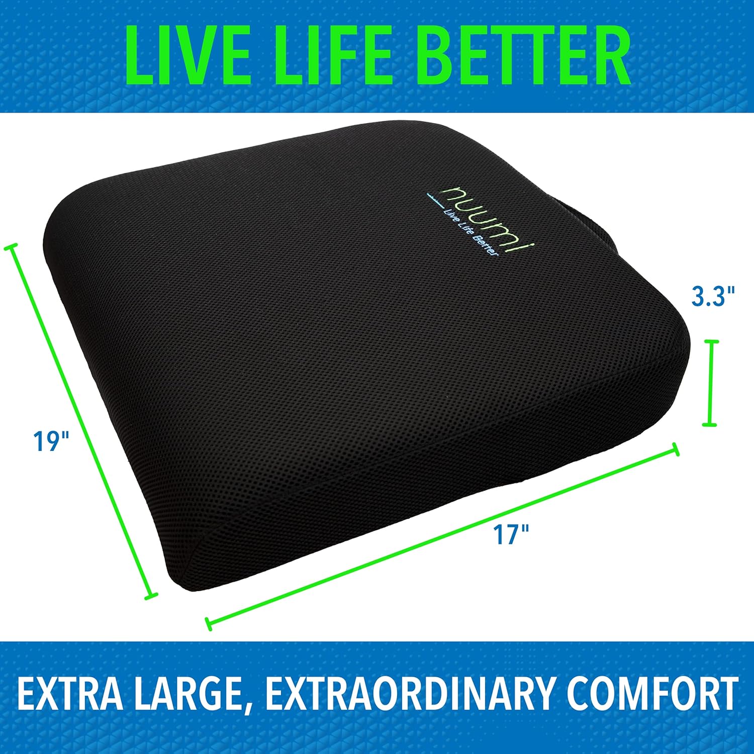 Nuumi Extra Large Memory Foam Seat Cushion with Anti Slip Bottom, Washable Covers & Carry Handle - Comfort Cushion for Office, Car & Wheelchair - Improves Posture & Circulation