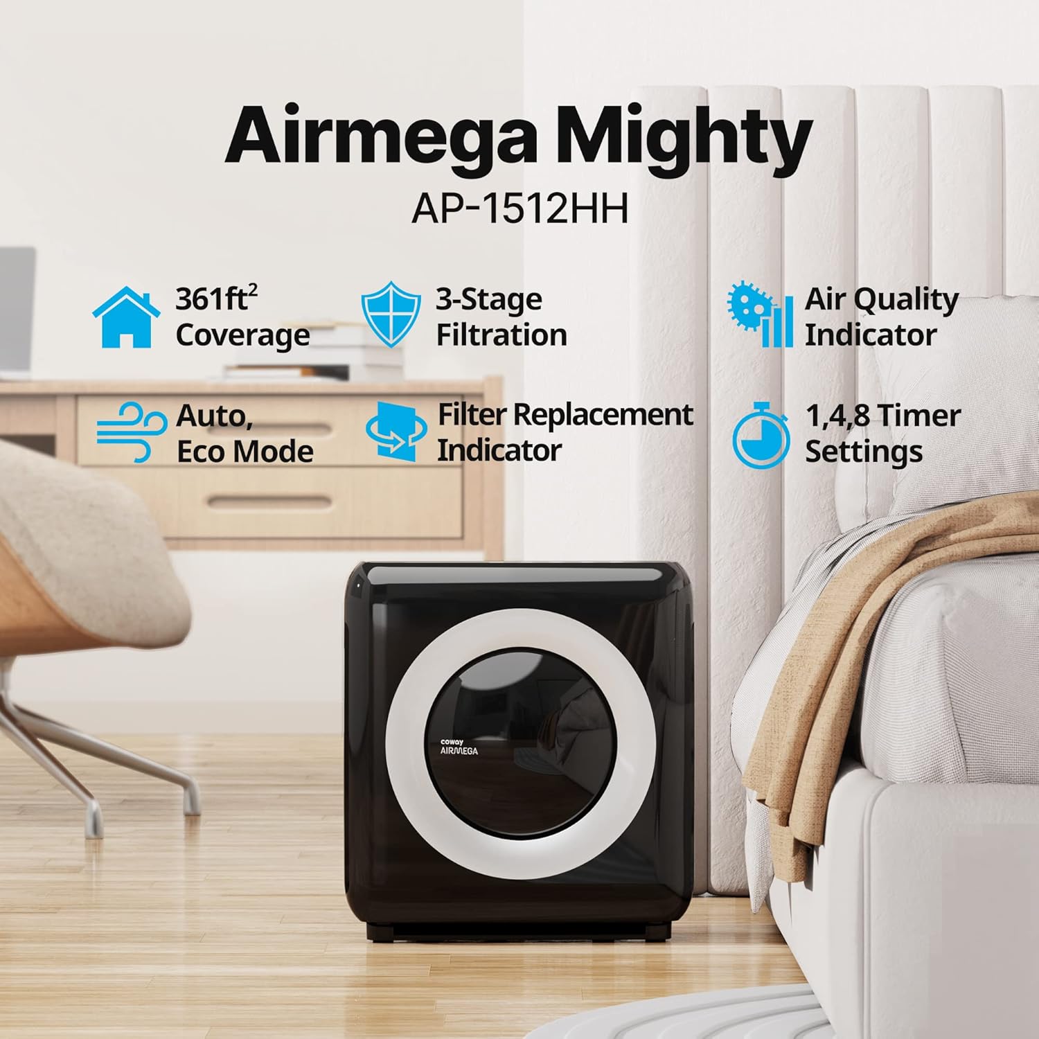 Coway Airmega AP-1512HH True HEPA Air Purifier with Air Quality Monitoring, Auto Mode, Timer, Filter Indicator, Eco Mode & Airmega 200M True HEPA and Activated-Carbon Air Purifier, AP-1518R - White