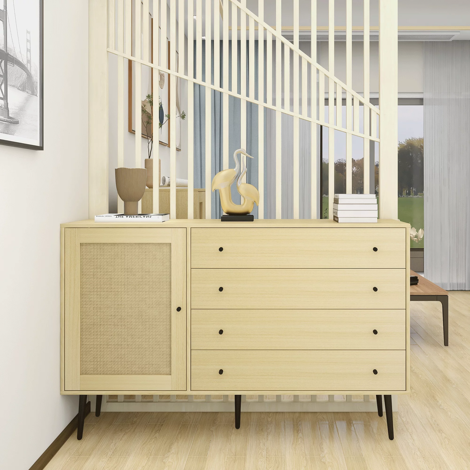 HIUU Storage Cabinet with Door and 4 Drawers for Living room,Sideboard Buffet Cabinet for Dining Room,Natural Wood Dresser for Bedroom