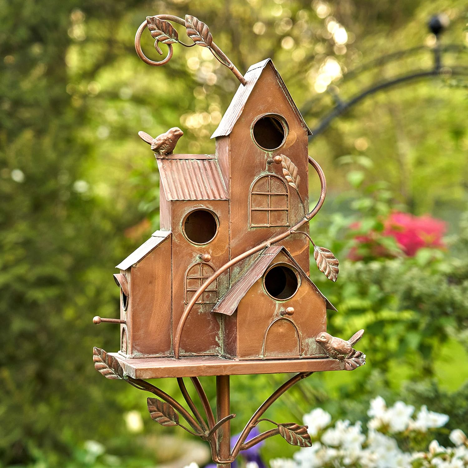 Zaer Ltd. Large Copper Colored Multi-Birdhouse Stakes, Room for 4 Bird Families in Each (Castle Home)