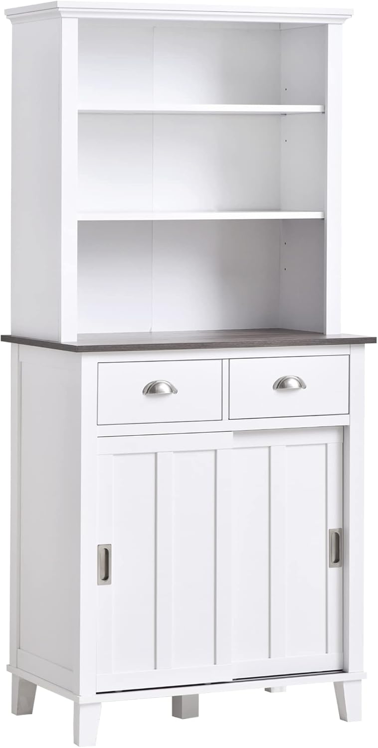 HOMCOM 67 Freestanding Buffet with Hutch, Kitchen Cupboard Storage Cabinet with Sliding Doors, Drawers and Open Shelves, Adjustable Shelving, White