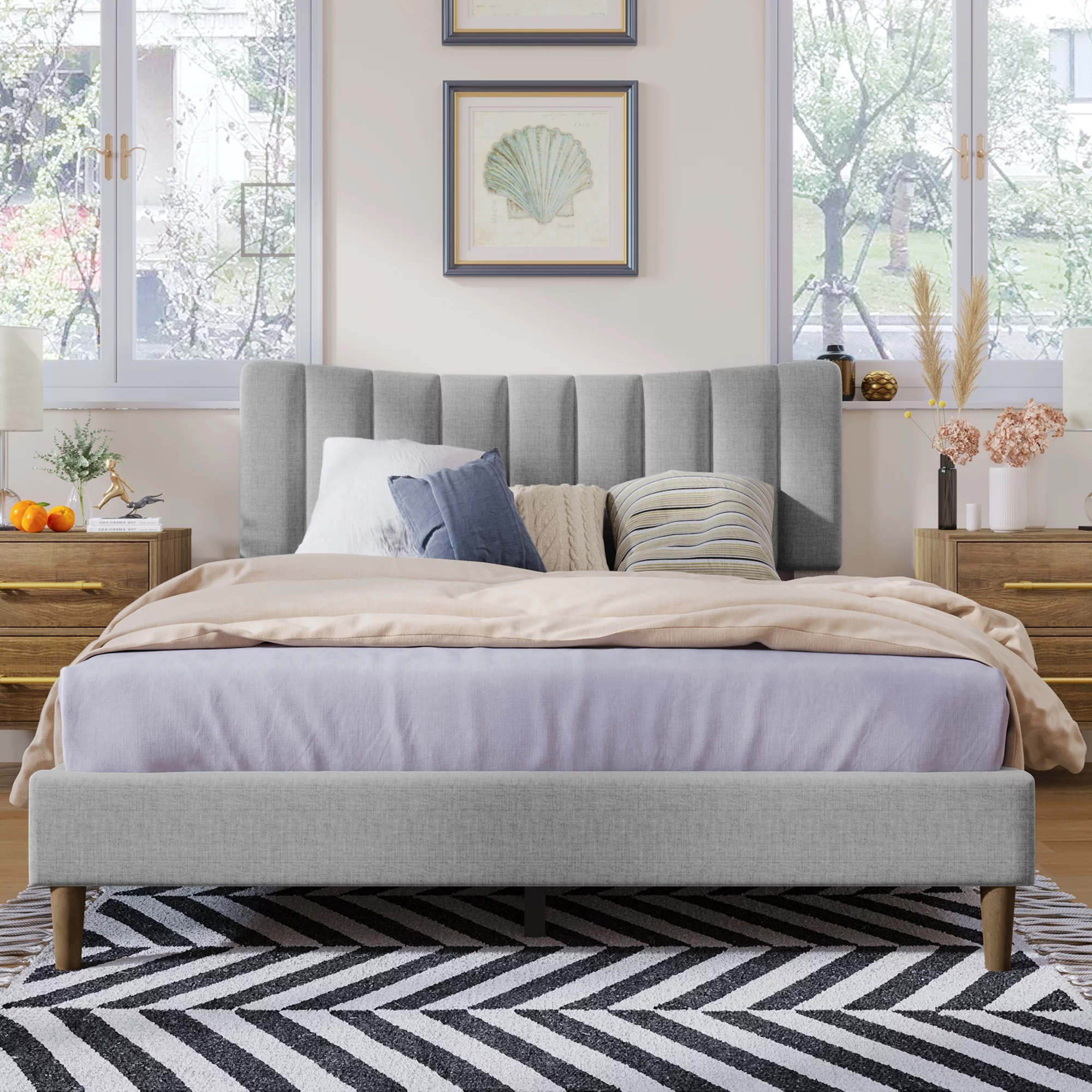 Queen Size Platform Bed Frame with Linen Vertical Channel Tufted Headboard and Wooden Slats Support, Fully Upholstered Mattress Foundation, No Box Spring Needed, Easy Assembly, Gray