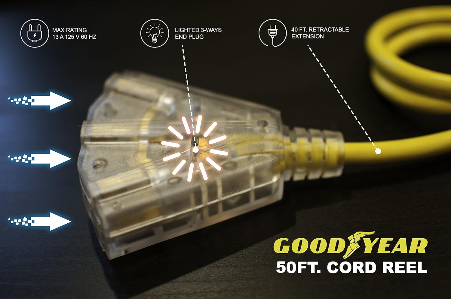 Goodyear Extension Cord Reel Retractable 16AWG x 50' Foot 3C/SJTOW Commercial Cable LED Triple Tap Connector Power 7.5A 125VAC 938W