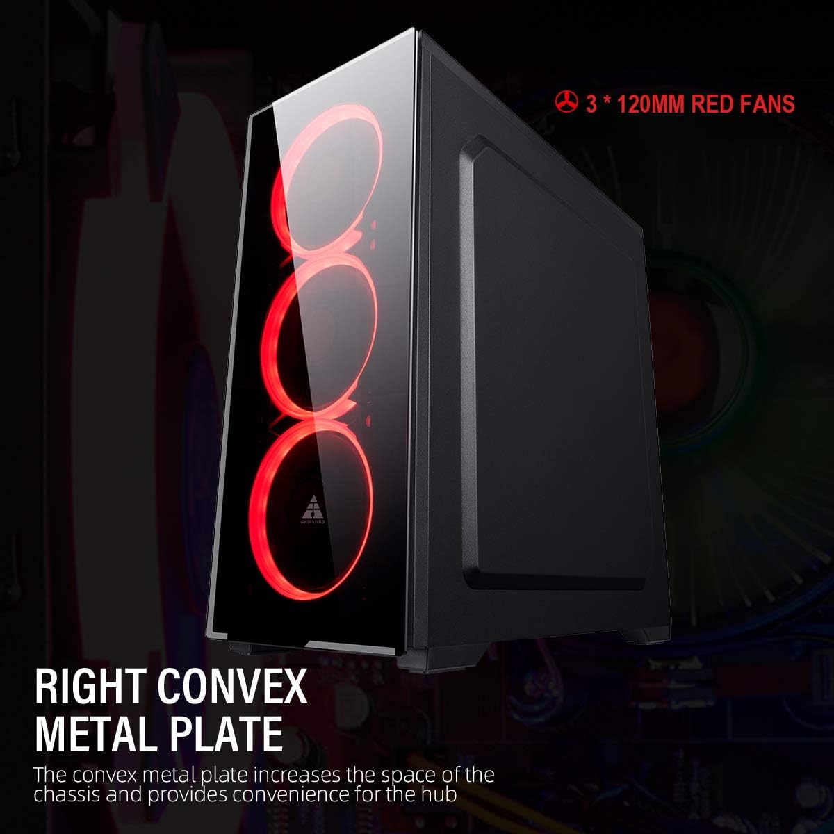GOLDEN FIELD N17 Computer Case with 3 LED Red Fans PC Gaming ATX Case Acrylic Side Panel Pack of 2