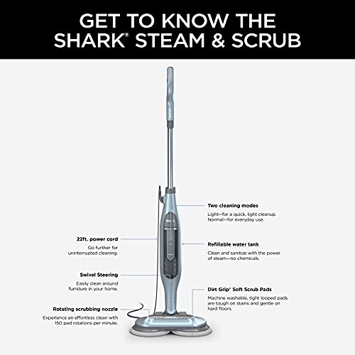Shark S7000AMZ Steam Mop, Steam & Scrub All-in-One Scrubbing and Sanitizing, Designed for Hard Floors, with 6 Dirt Grip Soft Scrub Washable Pads & 2 Steam Modes, Pure Water Blue