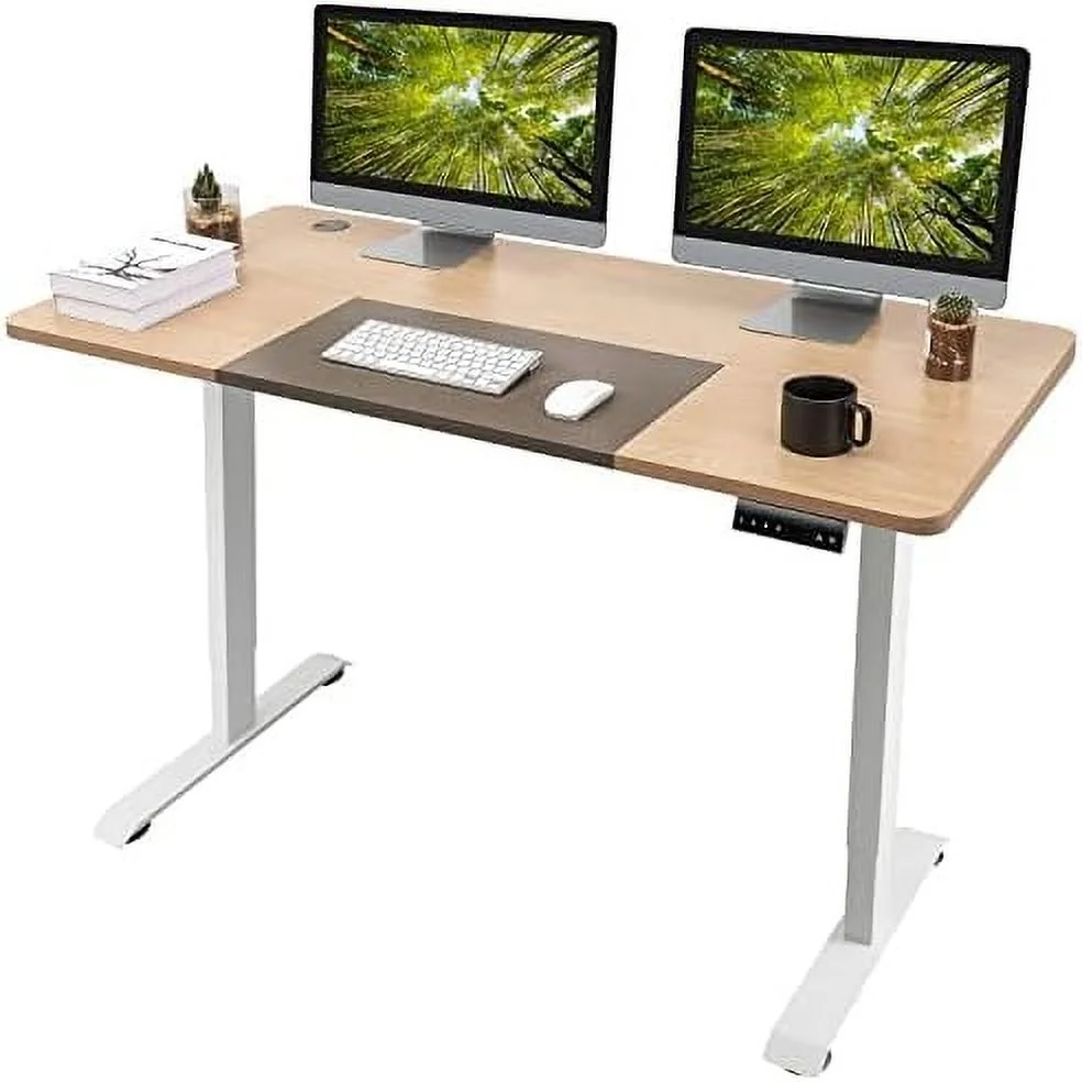 Height Adjustable Electric Standing Desk  55 x 28 Inches Stand Up Desk  Sit Stand  Office Desk Computer Workstation with T-Shaped Metal Bracket (White)