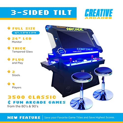 Creative Arcades Full Size Commercial Grade Cocktail Arcade Machine w/ Lifting Screen | Trackball | Three-Sided | 4 Sanwa Joysticks | 2 Stools