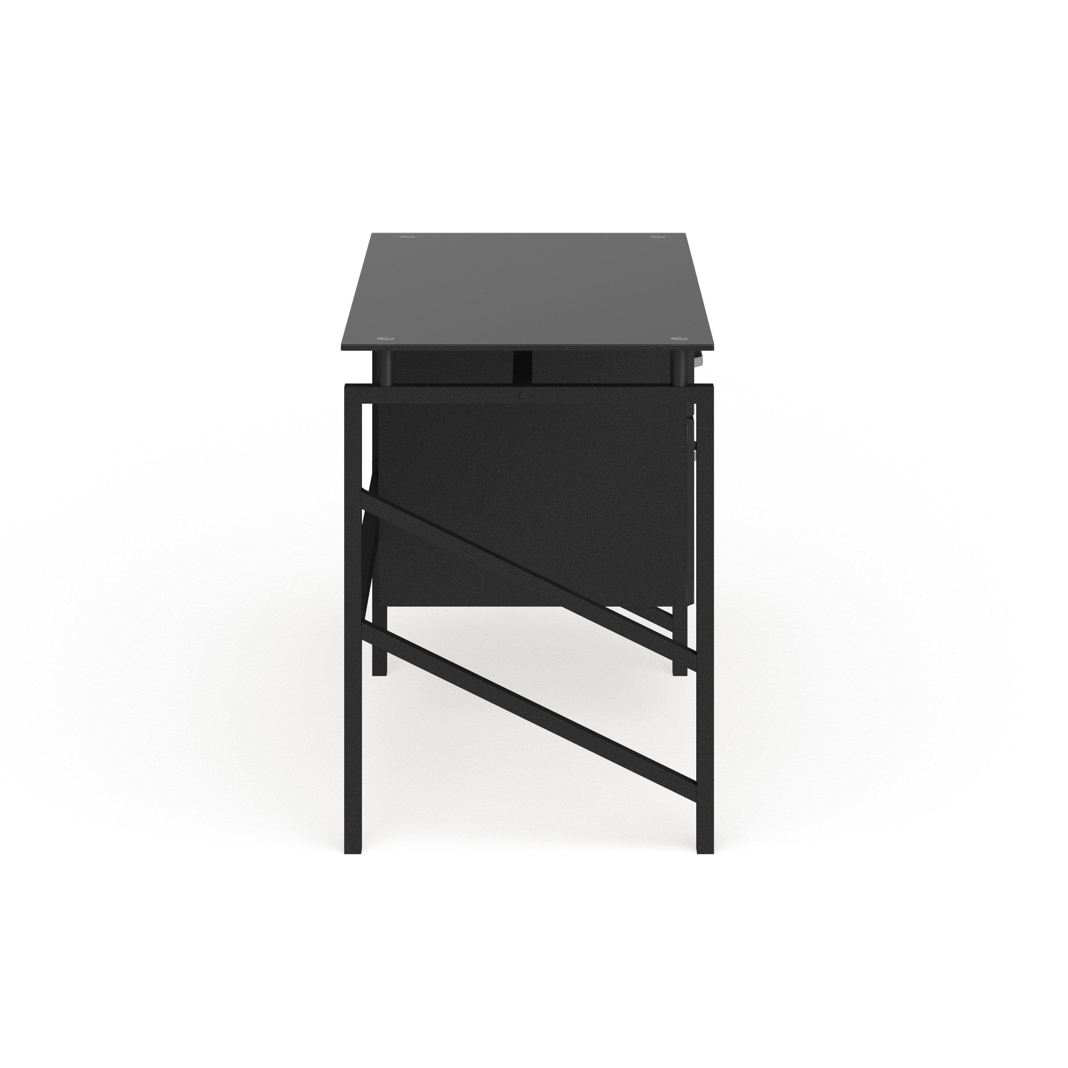 Lancaster Home Two Drawer Pedestal Desk with Tempered Glass Top and Metal Frame, Size: Medium, Black