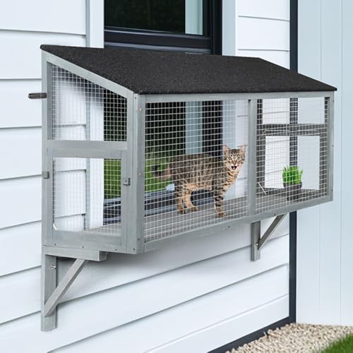 beeNbkks Bug Proof Cat Catio, Window Box Enclosure for Indoor Cats, Wooden Cat Window Perch House, Expandable for Multi Cats, Secure Comfortable Outdoor Haven for Cats, Keep Bugs Insects Out