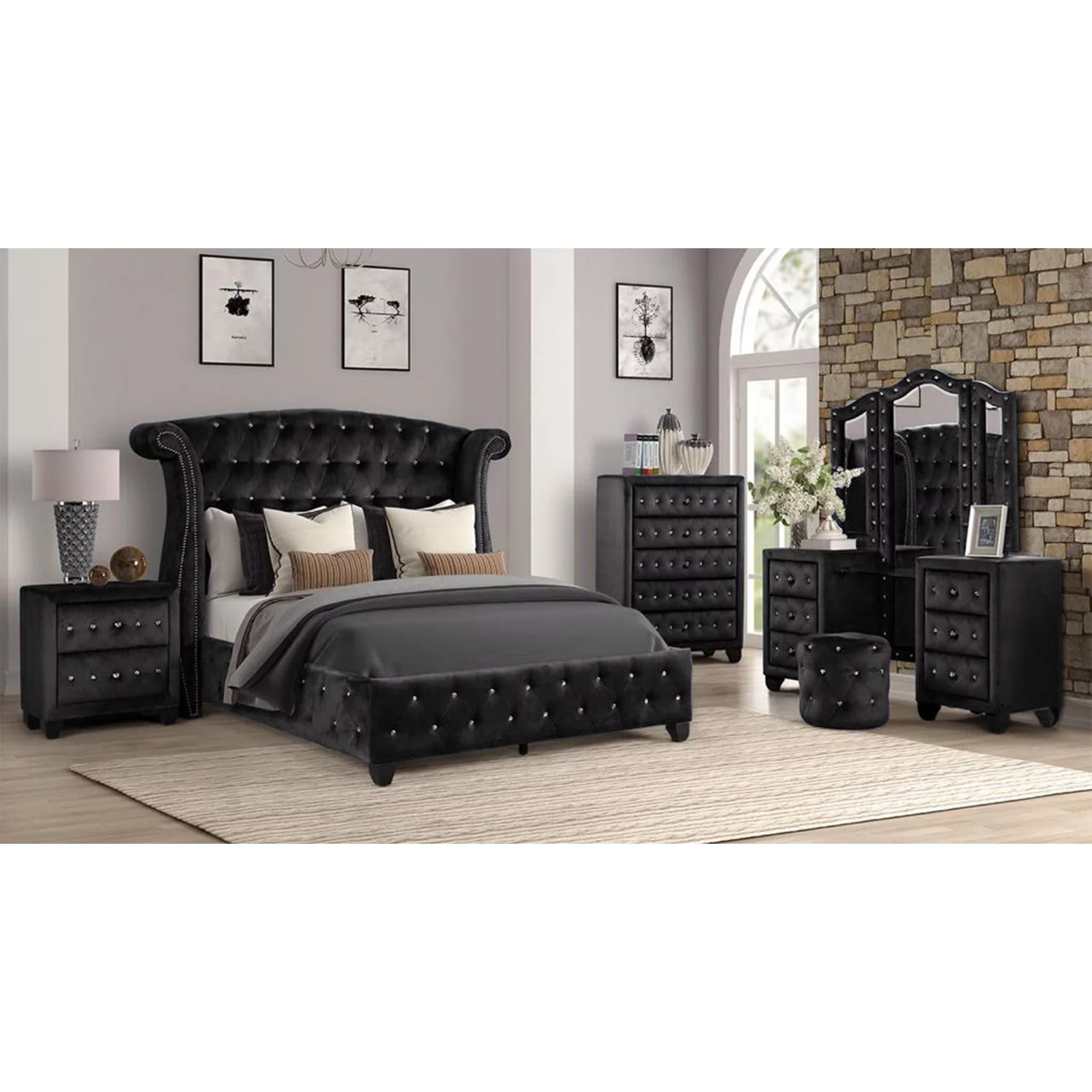 Sophia Queen 4 Pc Vanity Upholstery Bedroom Set Made With Wood in Black