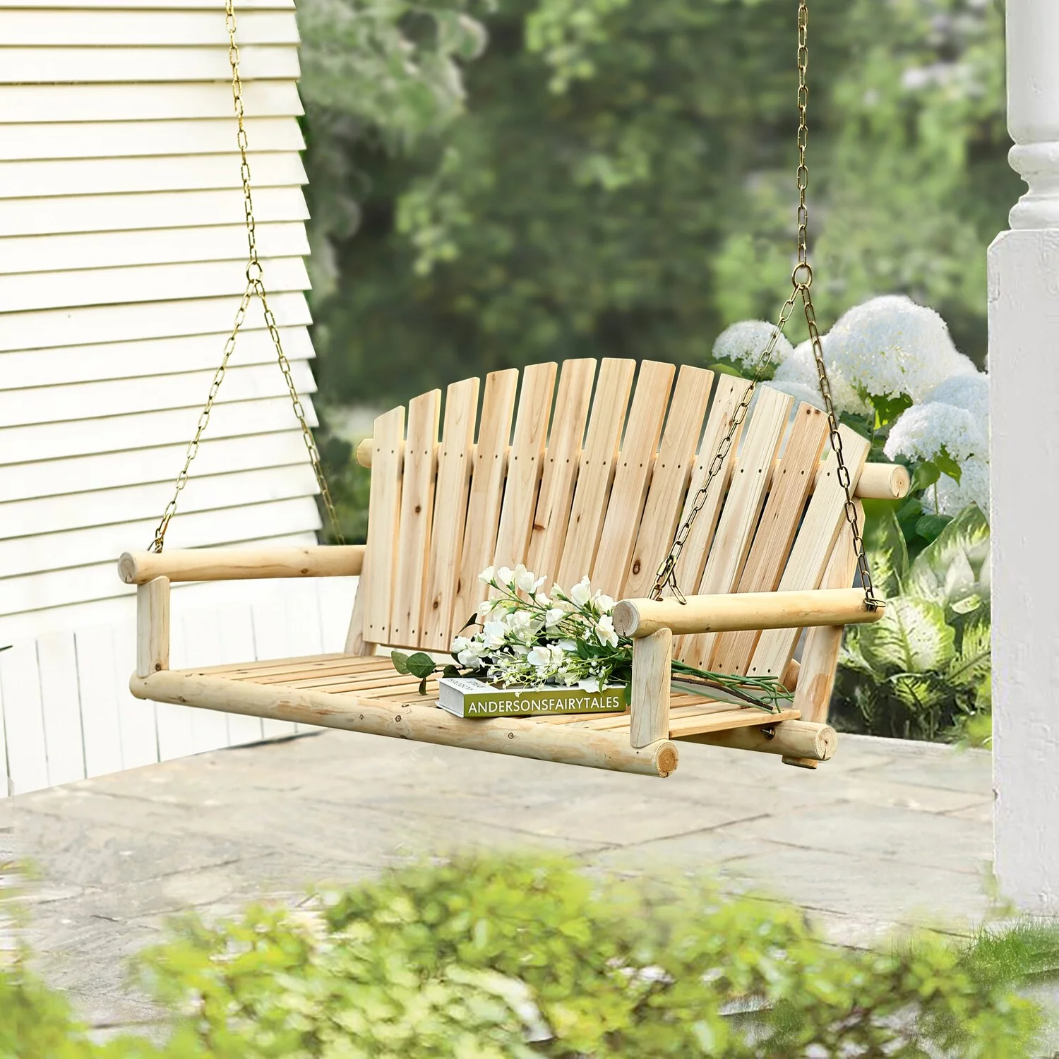 LuxenHome Natural Unfinished Wood Log Cabin Porch Swing with Chains