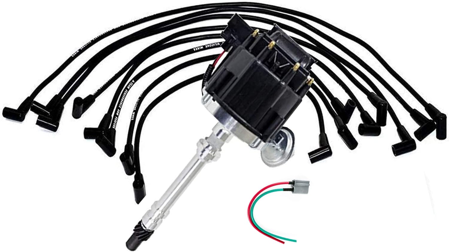 A-Team Performance - HEI Distributor Black Cap with Spark Plug Wires Set Pigtail Harness Complete Kit - Compatible with Chevrolet GM GMC SBC Small Block Chevy 262 265 267 283 302 305 307 327 383 400