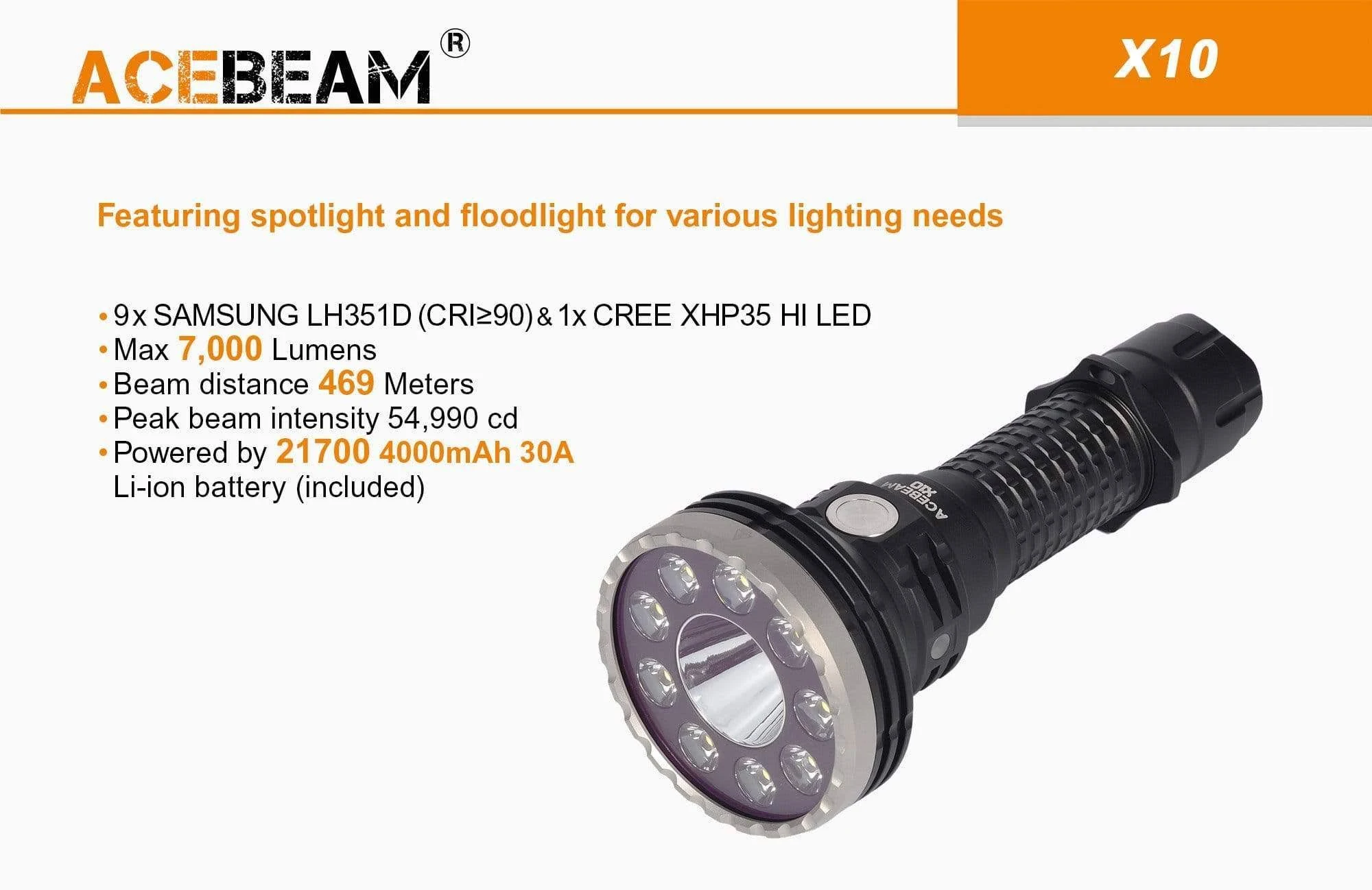 Acebeam X10 LH351D + XHP35 Hi 7000 Lumen Searchlight (1 x 21700 USB-C Battery Included)